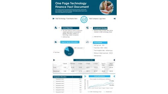 One Page Technology Investment Fact Sheet PDF Document PPT Template