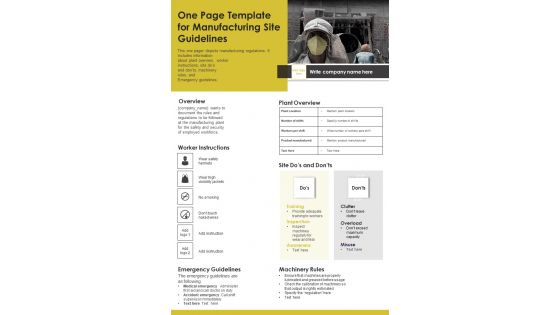 One Page Template For Manufacturing Site Guidelines PDF Document PPT Template