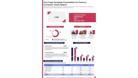 One Page Template Presentation For Finance Company Yearly Report One Pager Documents