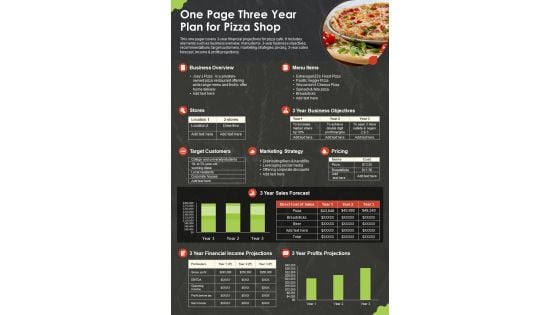 One Page Three Year Plan For Pizza Shop PDF Document PPT Template