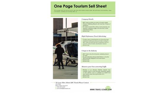 One Page Tourism Sell Sheet PDF Document PPT Template