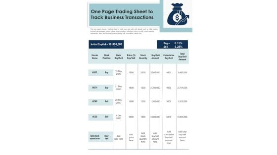 One Page Trading Sheet To Track Business Transactions PDF Document PPT Template