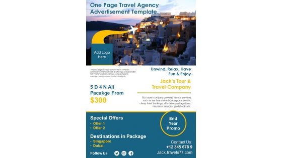 One Page Travel Agency Advertisement Template PDF Document PPT Template
