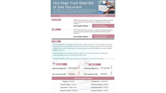 One Page Trust Deed Bill Of Sale Document PDF Document PPT Template