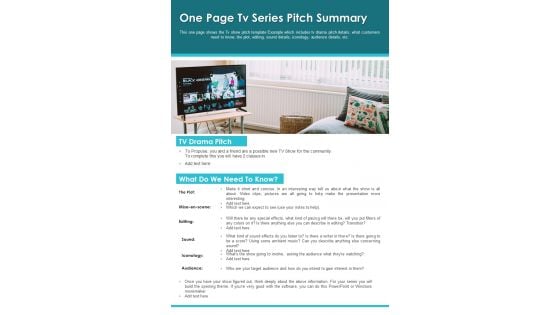 One Page Tv Series Pitch Summary PDF Document PPT Template