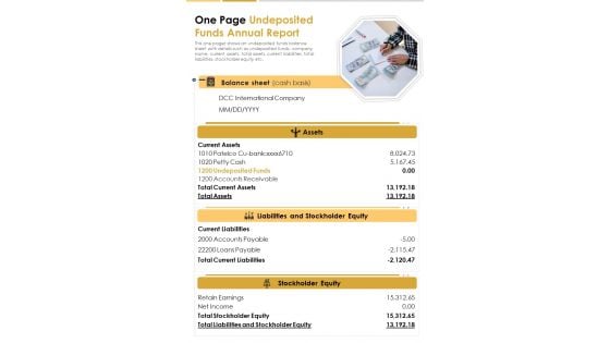 One Page Undeposited Funds Annual Report PDF Document PPT Template