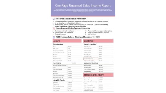 One Page Unearned Sales Income Report PDF Document PPT Template