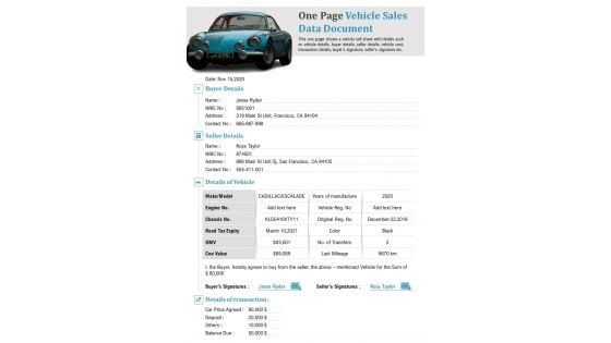 One Page Vehicle Sales Data Document PDF Document PPT Template