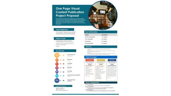 One Page Visual Content Publication Project Proposal PDF Document PPT Template