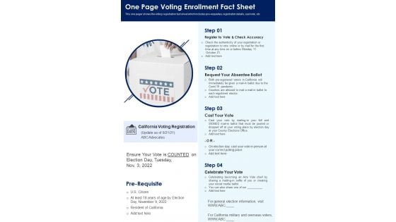 One Page Voting Enrollment Fact Sheet PDF Document PPT Template
