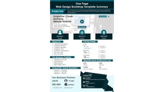 One Page Web Design Bootstrap Template Summary PDF Document PPT Template