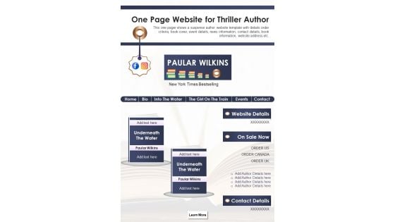 One Page Website For Thriller Author PDF Document PPT Template