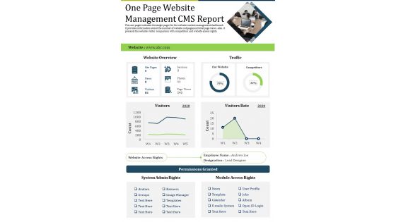 One Page Website Management CMS Report PDF Document PPT Template