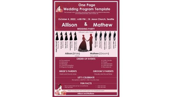 One Page Wedding Program Template PDF Document PPT Template