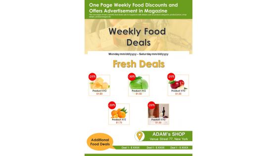 One Page Weekly Food Discounts And Offers Advertisement In Magazine PDF Document PPT Template