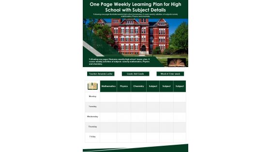 One Page Weekly Learning Plan For High School With Subject Details PDF Document PPT Template