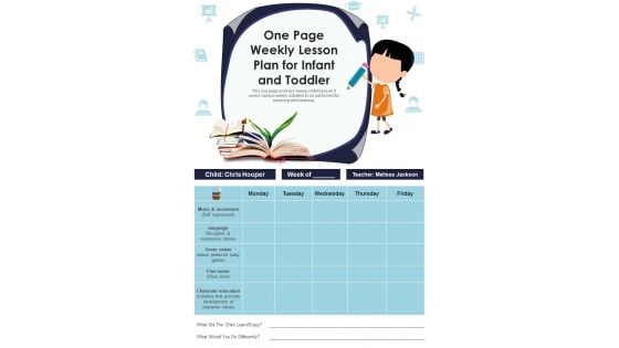 One Page Weekly Lesson Plan For Infant And Toddler PDF Document PPT Template