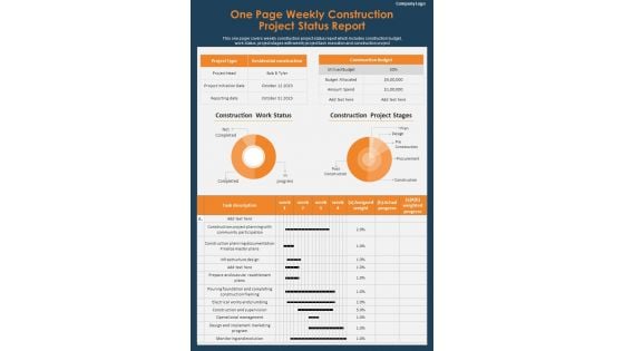 One Page Weekly Progress Summary For Building Construction Project PDF Document PPT Template One Page Weekly Progress Summary For Building Construction Project PDF Document PPT Template