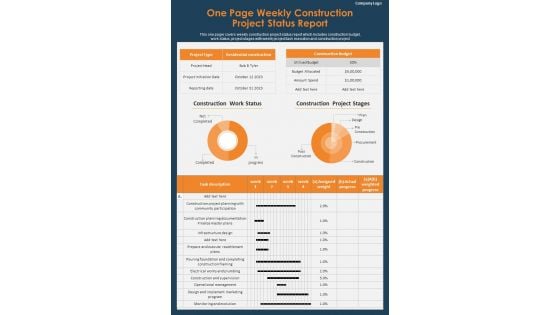 One Page Weekly Progress Summary For Building Construction Project PDF Document PPT Template