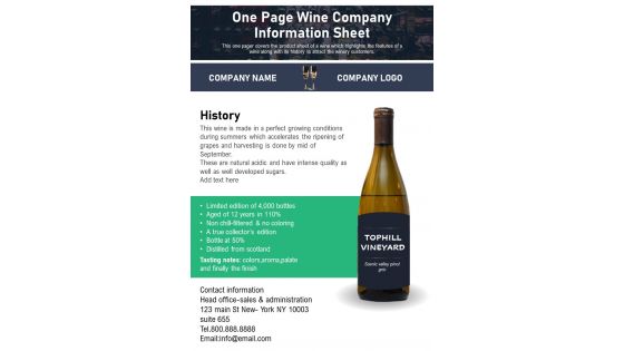 One Page Wine Company Information Sheet PDF Document PPT Template