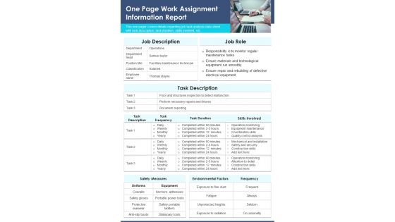 One Page Work Assignment Information Report PDF Document PPT Template