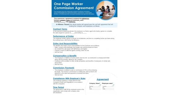 One Page Worker Commission Agreement PDF Document PPT Template