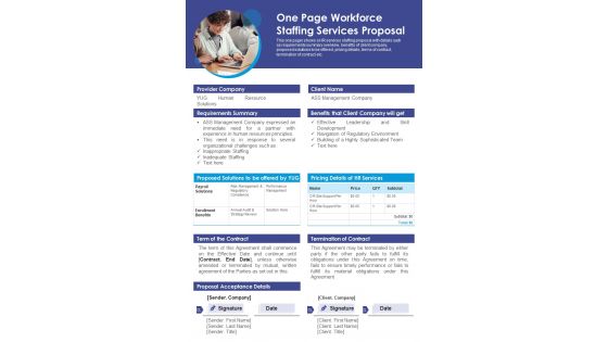 One Page Workforce Staffing Services Proposal PDF Document PPT Template