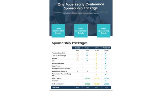 One Page Yearly Conference Sponsorship Package PDF Document PPT Template