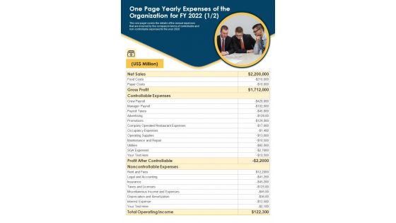 One Page Yearly Expenses Of The Organization For FY 2022 PDF Document PPT Template