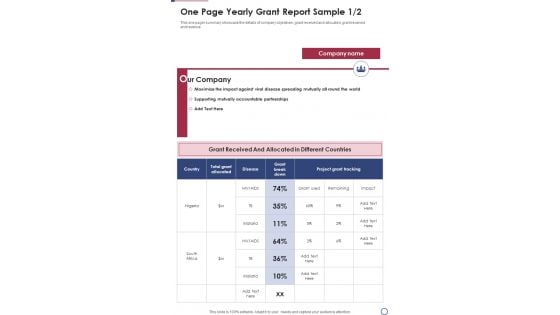 One Page Yearly Grant Report Sample One Pager Documents