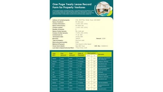 One Page Yearly Lease Record Form For Property Ventures PDF Document PPT Template