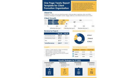 One Page Yearly Report Template For Client Promotion Organization PDF Document PPT Template