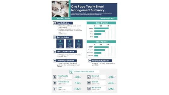 One Page Yearly Sheet Management Summary PDF Document PPT Template