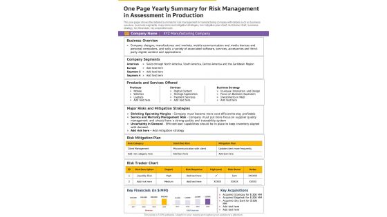 One Page Yearly Summary For Risk Management In Assessment In Production One Pager Documents One Page Yearly Summary For Risk Management In Assessment In Production One Pager Documents
