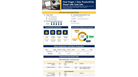 One Pager 1 Day Productivity Sheet With Task Info PDF Document PPT Template