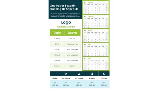 One Pager 5 Month Planning HR Schedule PDF Document PPT Template