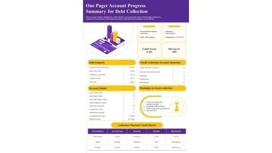 One Pager Account Progress Summary For Debt Collection PDF Document PPT Template