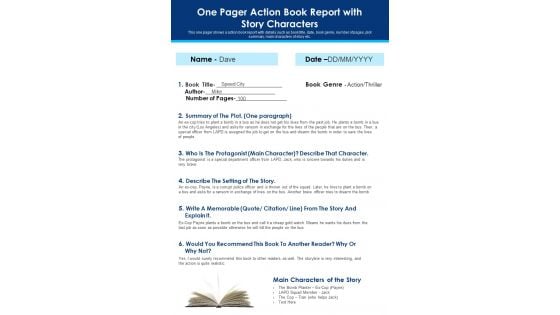 One Pager Action Book Report With Story Characters PDF Document PPT Template