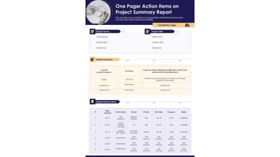 One Pager Action Items On Project Summary Report PDF Document PPT Template