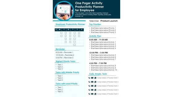 One Pager Activity Productivity Planner For Employee PDF Document PPT Template