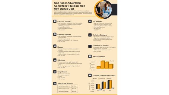 One Pager Advertising Consultancy Business Plan With Startup Cost PDF Document PPT Template