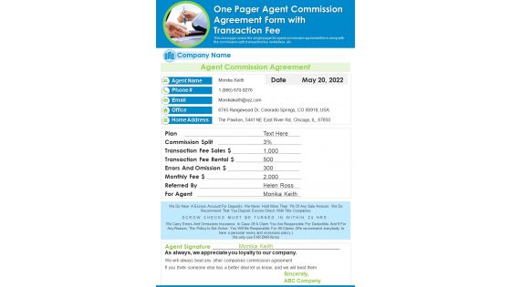 One Pager Agent Commission Agreement Form With Transaction Fee PDF Document PPT Template