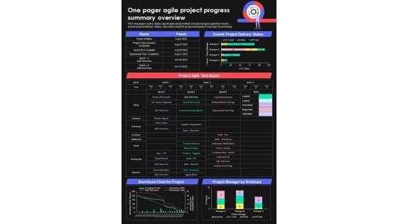 One Pager Agile Project Progress Summary Overview PDF Document PPT Template