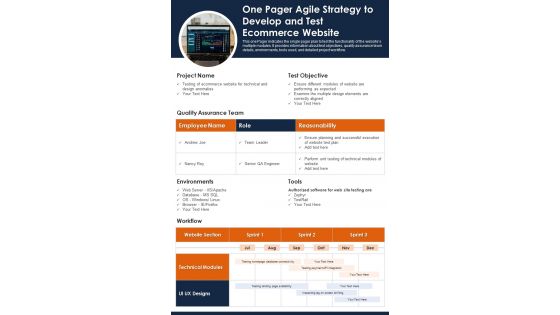 One Pager Agile Strategy To Develop And Test Ecommerce Website PDF Document PPT Template