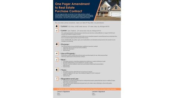 One Pager Amendment To Real Estate Purchase Contract PDF Document PPT Template One Pager Amendment To Real Estate Purchase Contract PDF Document PPT Template