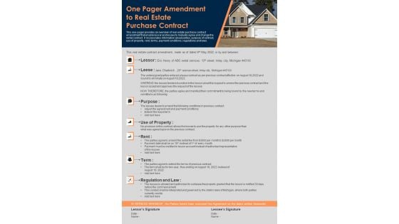 One Pager Amendment To Real Estate Purchase Contract PDF Document PPT Template