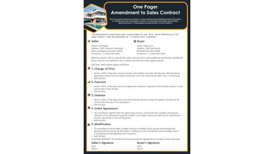 One Pager Amendment To Sales Contract PDF Document PPT Template