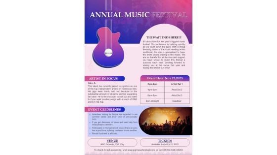 One Pager Annual Music Fest Event Newsletter PDF Document PPT Template