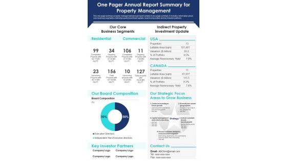 One Pager Annual Report Summary For Property Management PDF Document PPT Template