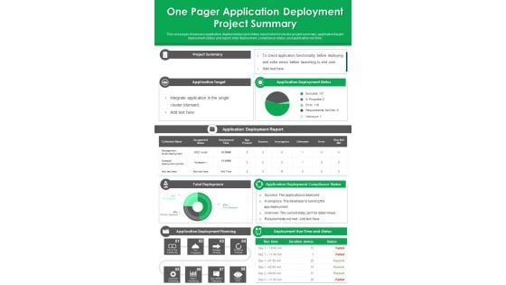 One Pager Application Deployment Project Summary PDF Document PPT Template